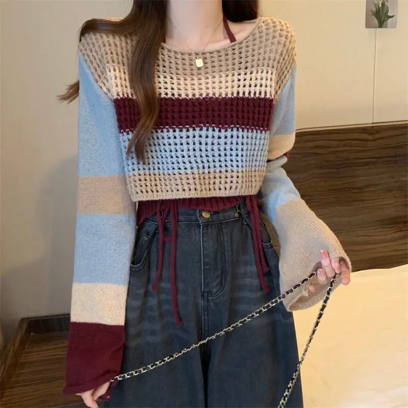 Cropped Pullovers for Women Colorful Hollow Out Cute Youths Spring Fashion Loose Sweet Knitwear Casual All-match Harajuku Girls