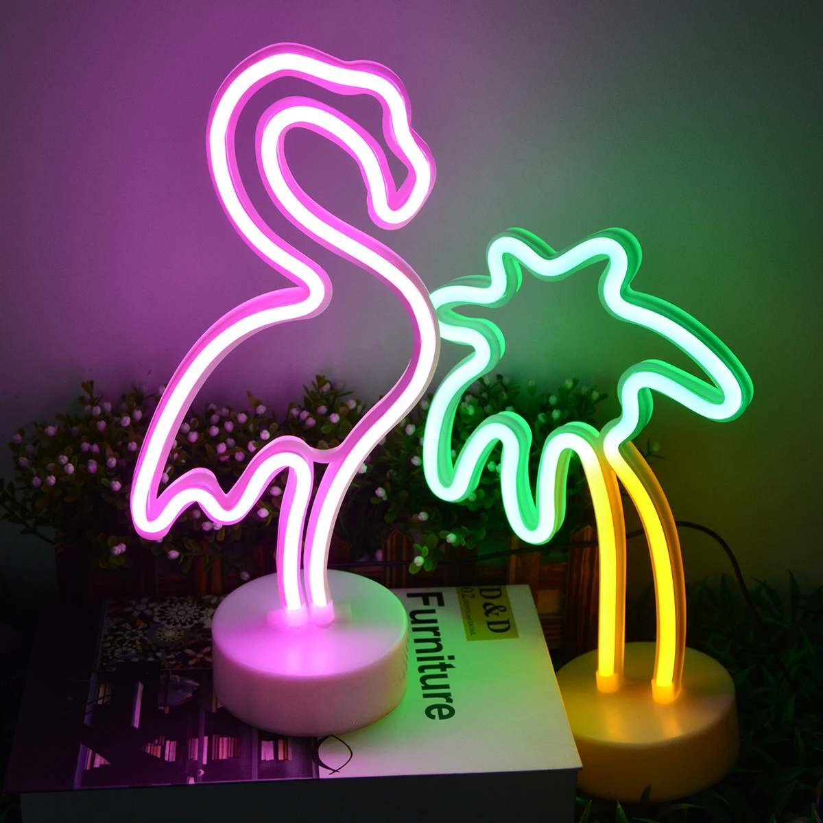 Flamingo Cactus LED Neon Lights Coconut Tree Pineapple Neon Sign Lamp USB/Battery Power Unicorn Lamp Room Table Holiday Decor