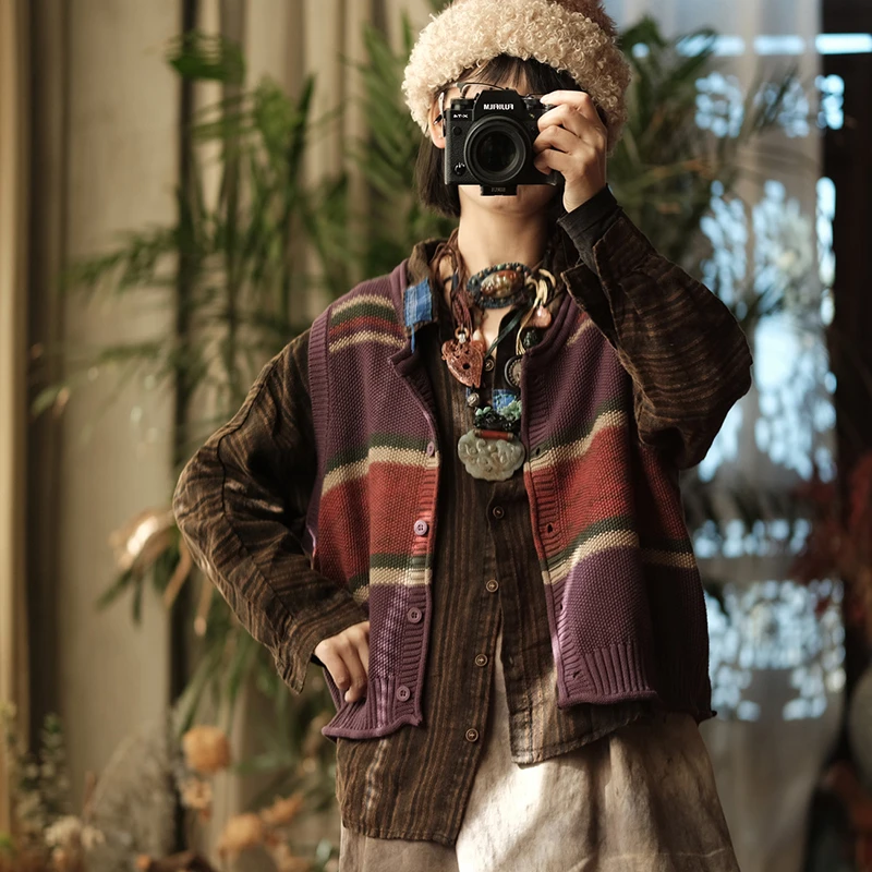 เสื้อกั๊กไหมพรมผู้หญิงสไตล์ลำลอง รุ่นใหม่ล่าสุดประจำปี 2025 สำหรับฤดูใบไม้ร่วง สไตล์วินเทจ คอกลม ลายทาง แขนกุด แบบพื้นฐาน รุ่น M2095