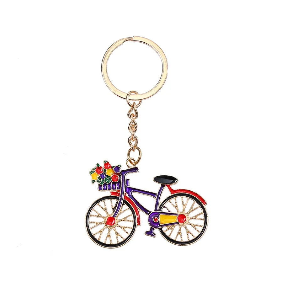 Girls Colorful Flower Bicycle Key Chain Women Alloy Gold Color Handbag Decor Bike Design Keyring Pendant Fashion Jewelry Gift