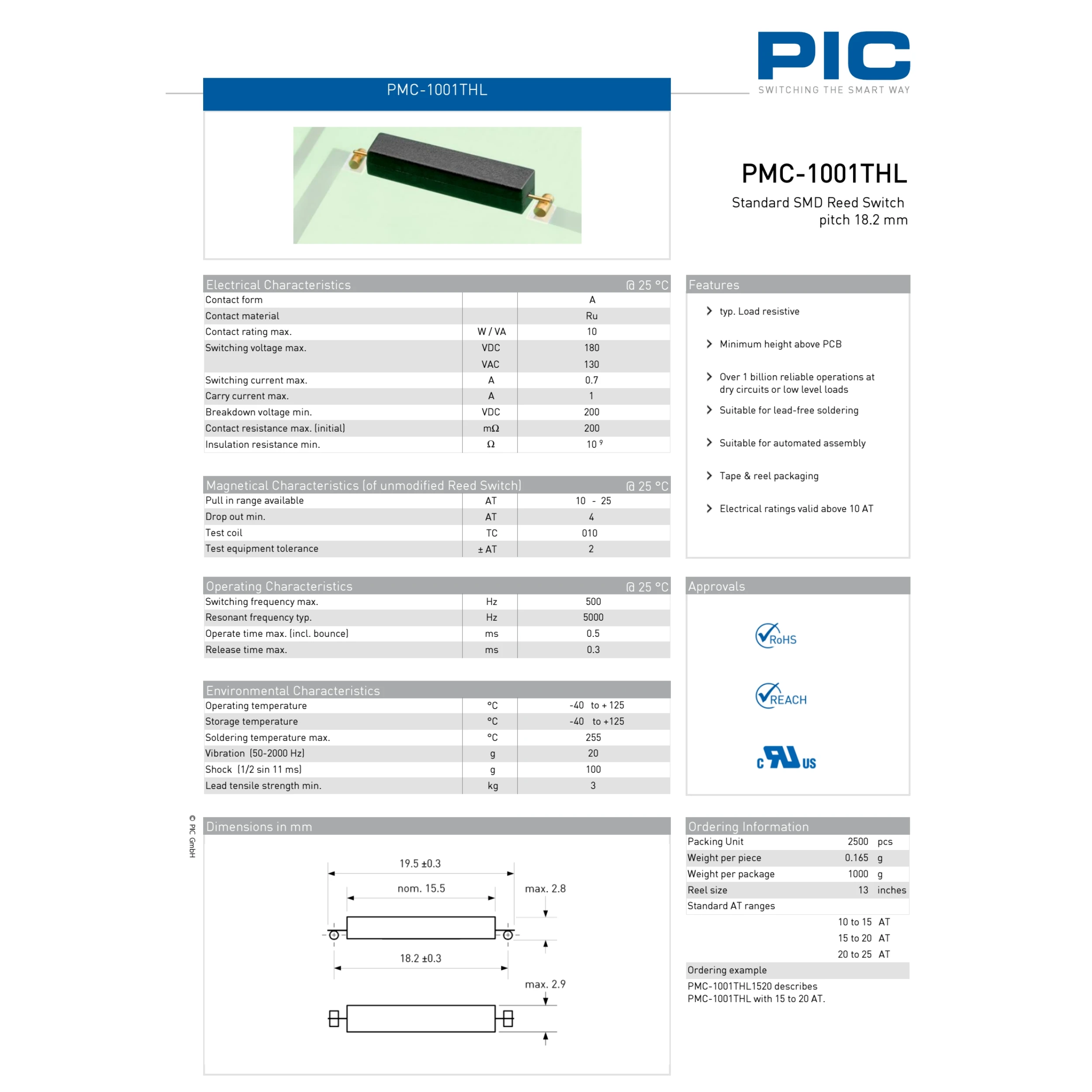 Original pic PMC-1001THL passo 18mm smd plástico reed switch normalmente aberto 1a 10w 180v 3*15.5mm sensor indutivo de controle magnético