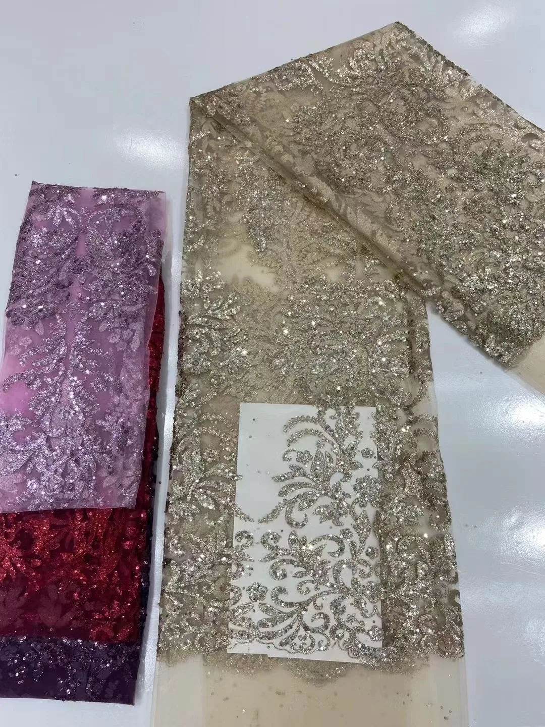 New  Gold lace fabric Glitter  shiny lace fabric for wedding dress 5 yards