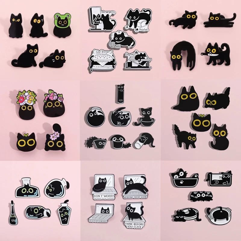 4-8 pçs/set bonito gato preto série esmalte pinos dos desenhos animados olhos grandes gatinho animal broche lapela mochila crachá jóias presente para amigos