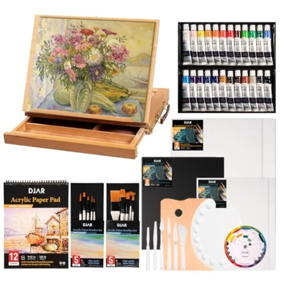

49 pcs Acrylic Paint Set with Tabletop Easel Box 24 Acrylic Paint Colors Sketchbook Painting Pads and Complete Acrylic Art Supp