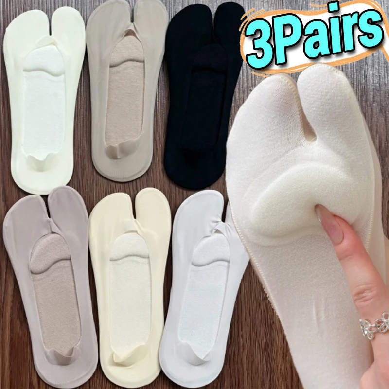 Sponge Cushion Two Finger Socks Invisible Non-slip Low Cut Sock Solid Color Comfortable Breathable Summer Thin Cotton Tabi Socks