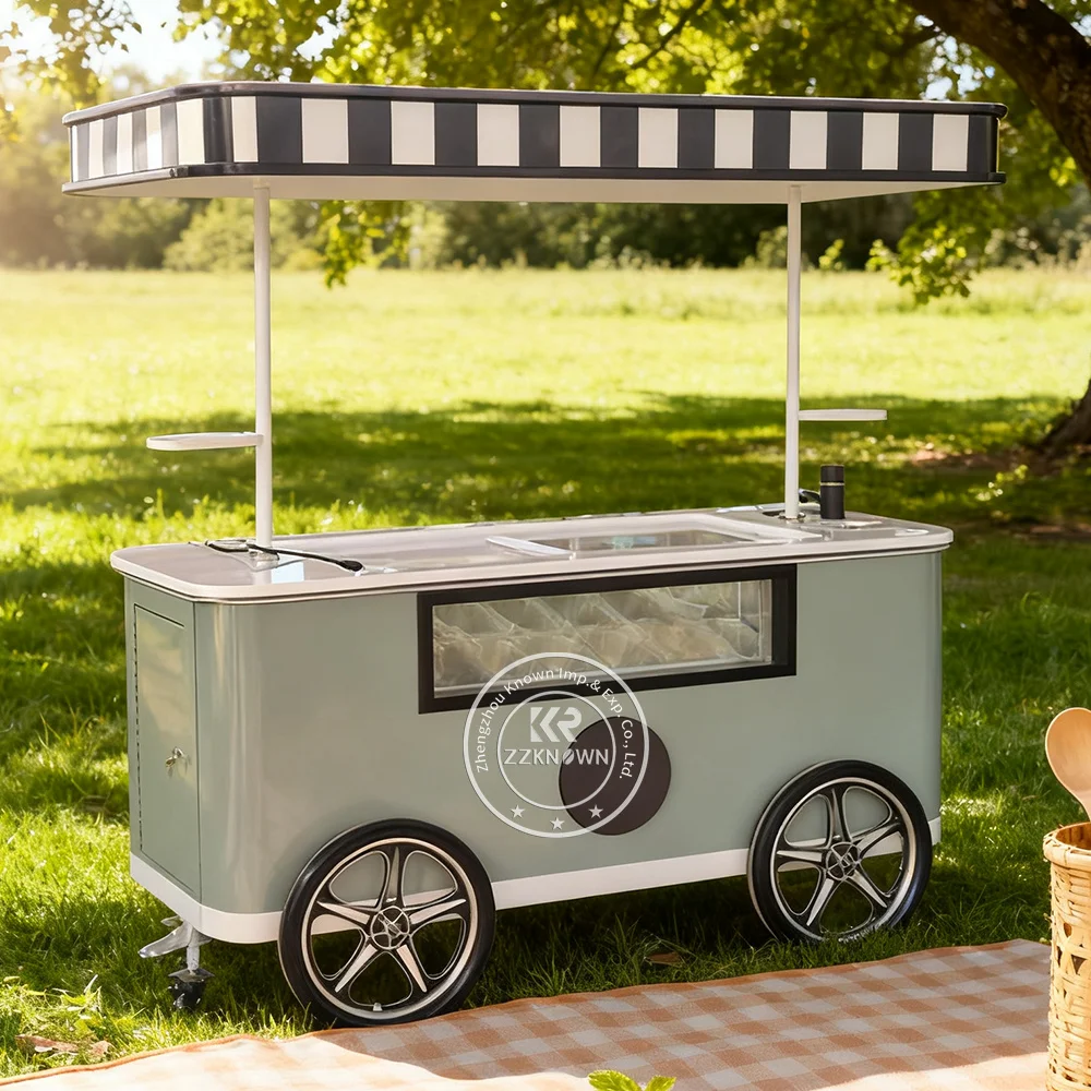 

Outdoor Mobile Ice Cream Sweet Small Push Cart Mobile Freezer Display Stainless Steel Ice Cream Dessert Cart with Freezer
