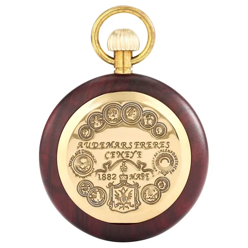 Vintage Skeleton Handwinding Mechanical Pocket Watch Antique Wooden Case with Roman Numerals Dislplay Unisex Gift with FOB Chain