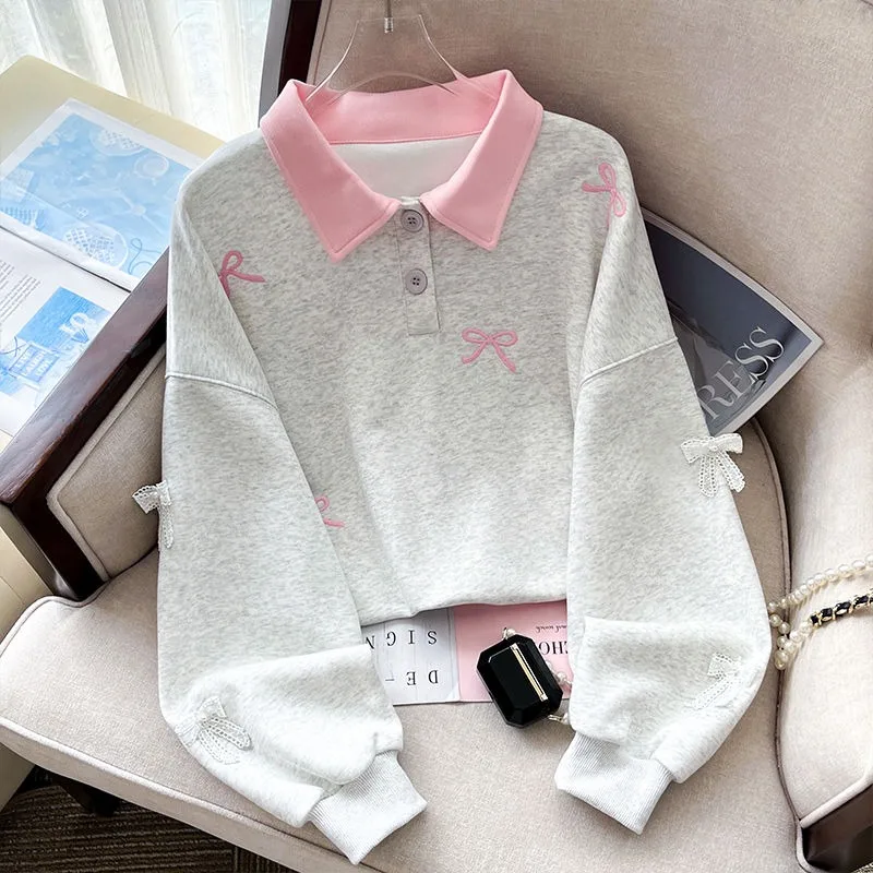 

Girls' New Spring Autumn Polo Collar Bow Embroidery Stylish Preppy Color-Blocked Sweatshirt