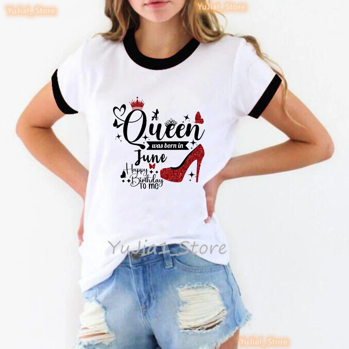 Queen Was Born In May/April/June Happy Birthday To Me Printed T Shirt Girls Butterfly Red High Shoes Birthday Gift T-Shirt Women