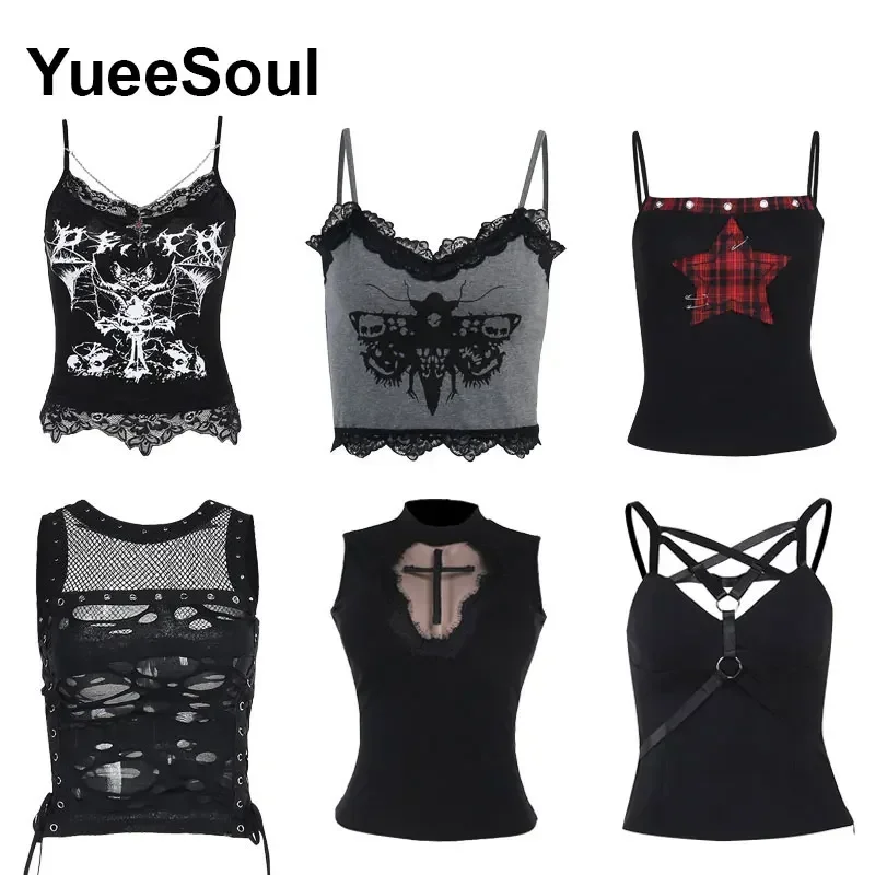 Gothic Crop Tops Black Spaghetti Strap Mesh Slim Corset Tops 2024 New Goth Punk Grunge Fairy Core Sexy Y2K Halloween Clothing