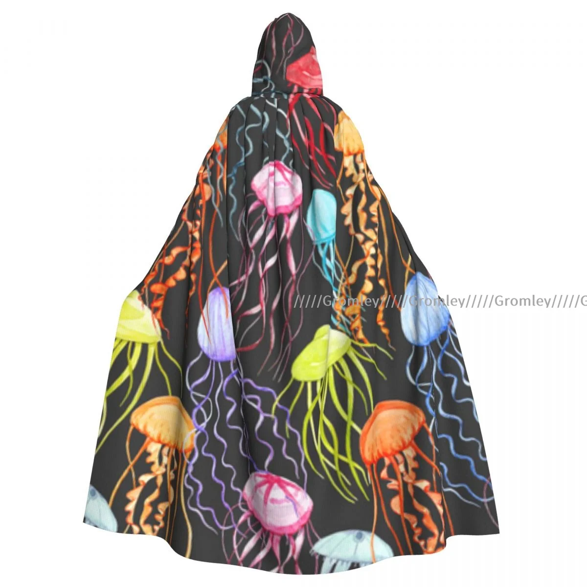 Unisex Halloween Cloak Colorful Jellyfish Pattern Cape Hooded Medieval Costume Witch Wicca Vampire