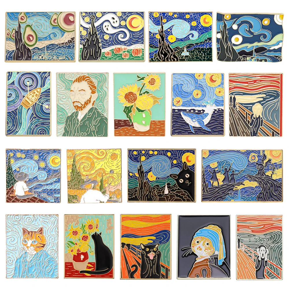 

Creative Art Painting Enamel Brooch Cartoon Sunflower Oil Painting Starry Sky Black Cat Metal Badge Punk Painting Lapel Pin Gift