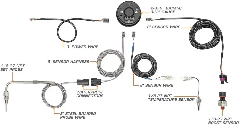 3in1 Analog 60 PSI Boost Gauge Kit with Digital 2200 F Pyrometer Exhaust Gas Temp EGT & 300 F Temperature Readings