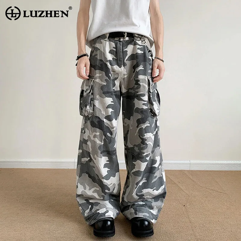 

LUZHEN Decorate 2025 новые широкие модные брюки-карго с карманами, мужские прямые широкие повседневные брюки с камуфляжным принтом JY4764