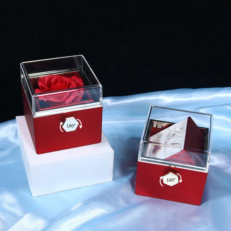 360 Degree Rotatable Preserved Real Rose Ring Box Necklace Jewelry Valentine Forever Roses Storage Case for Women Girlfriend