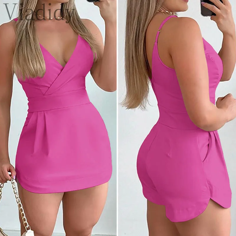 Women Casual Solid Color Spaghetti Strap Deep V Neck Skinny Playsuits