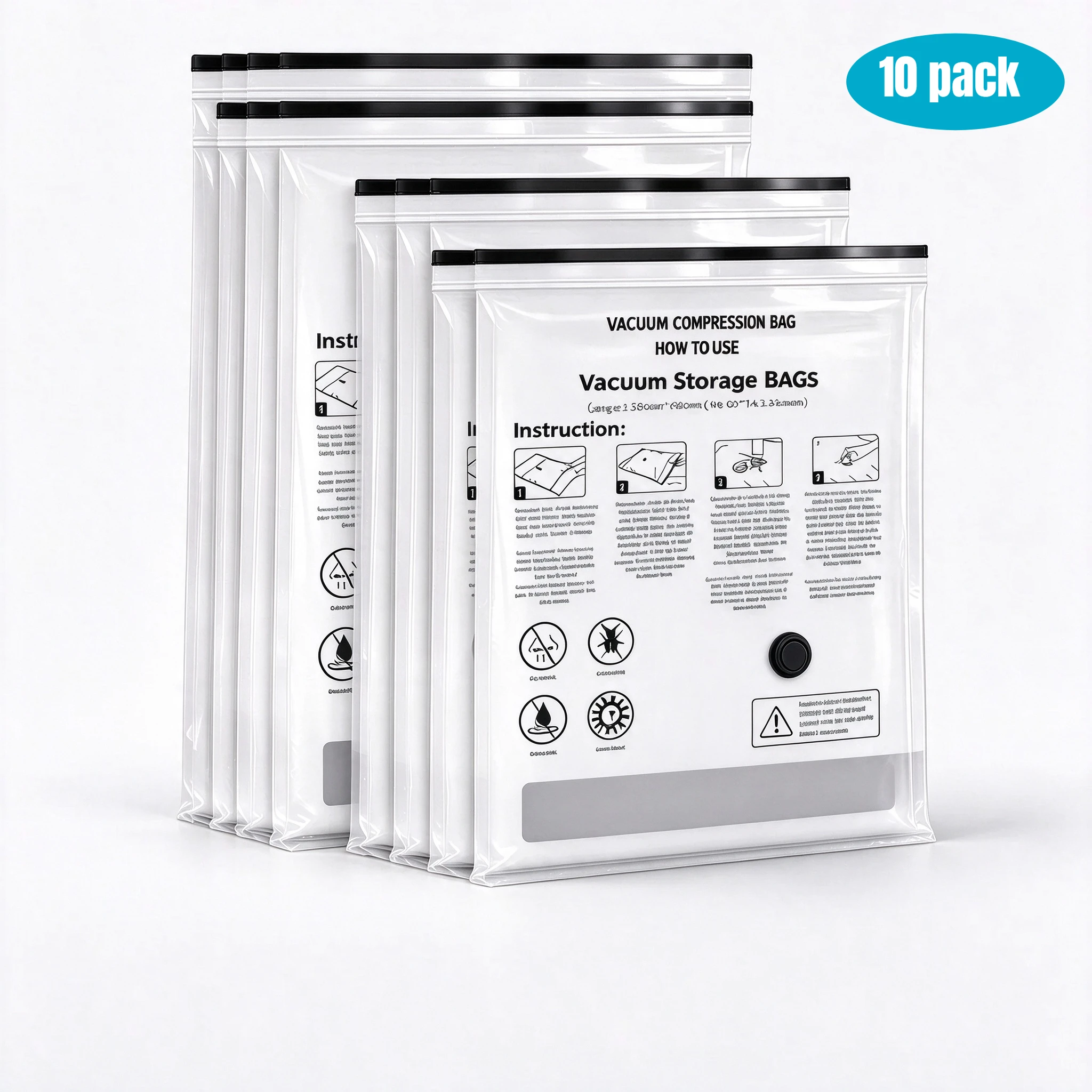 10PCS Vacuum Storage Bags Set for Clothes Space Saver Compression with Seal Reusable Organizer for Bedding Comforters Blankets Pillows Jackets Seasonal Wardrobe Closet Moving Home Dorm