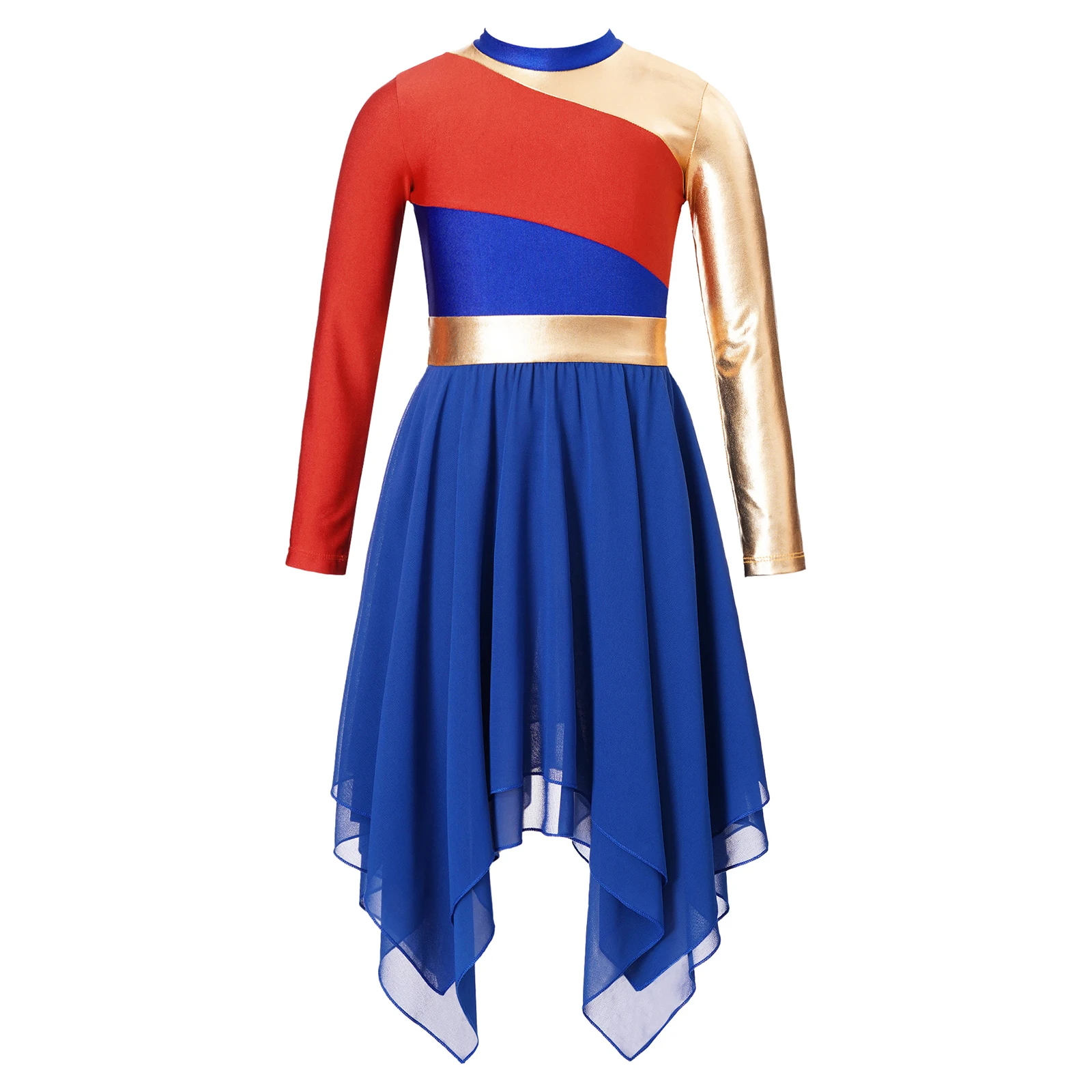 

Kids Girls Praise Lyrical Dance Dress Long Sleeve Asymmetrical Chiffon Hem Contrast Dresses Dancing Training Performance Costume