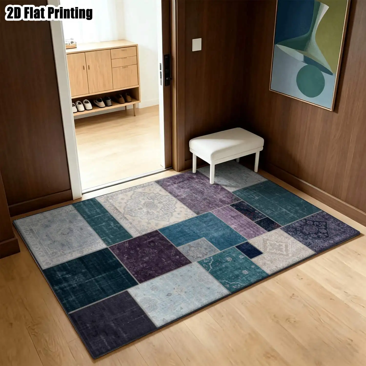 1Pc 2D Printed Retro Blue-Purple Geometric Patchwork Carpet, European Style, Multi-Size, Machine Washable, Ideal for Home Decoration & Multi-Scenario Use