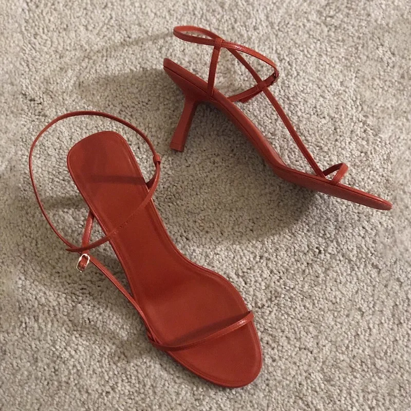 

High Heel Sandals 2025 Summer New Open-toed Strap Sandals Women's Retro Leather Thin Heels Sexy Pumps Shoes Sandalias Mujer