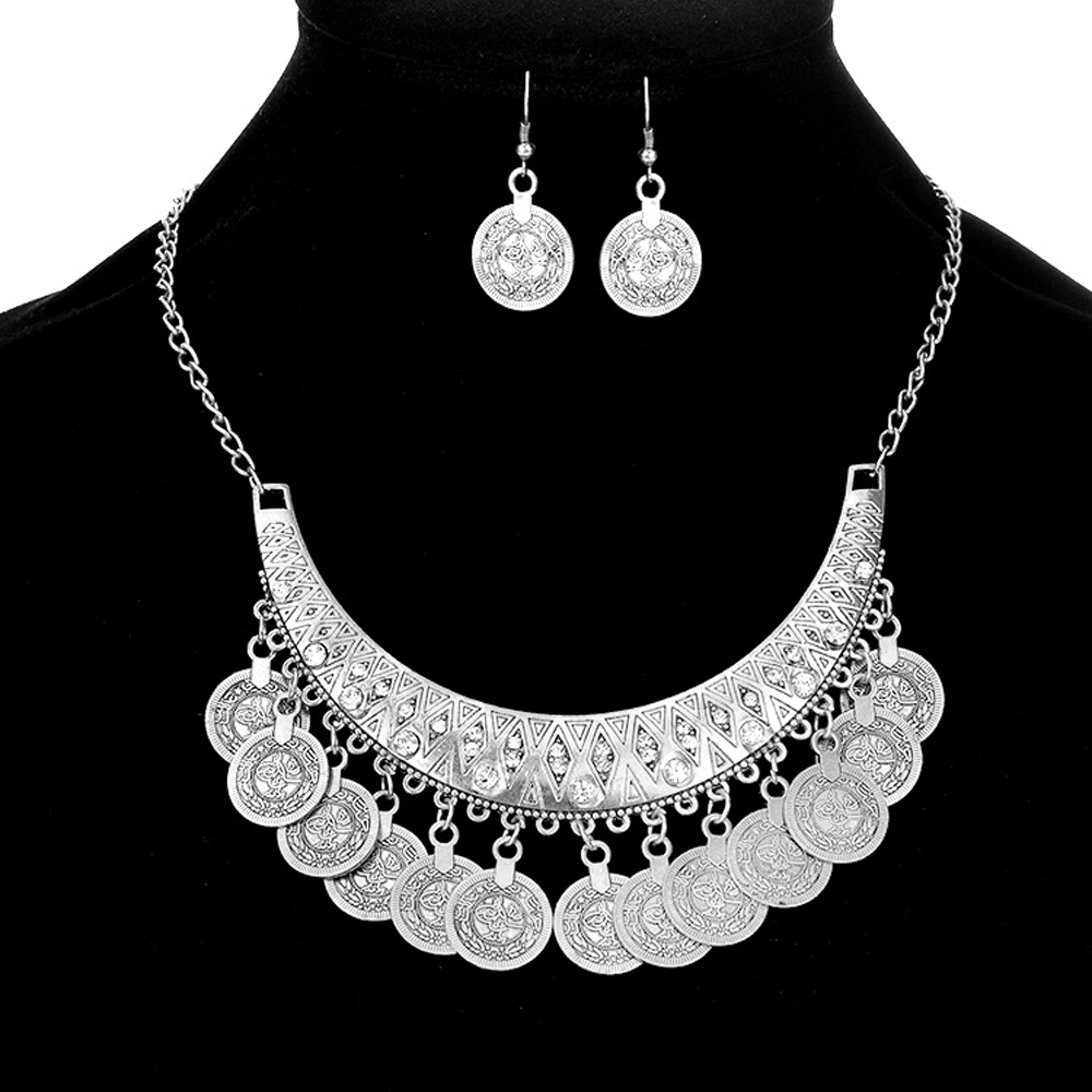 Retro Golden Silvery Coins Rhinestone Moon Pendant Necklace Earrings for Women Boho Ethnic Gypsy Collar Statement Jewelry Sets