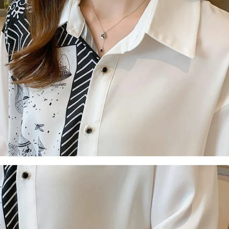 Office Lady Button Geometry Long Sleeve Turn-down Collar Women\'s Chiffon Cardigan Shirt Elegant Spring Autumn All-match Tops