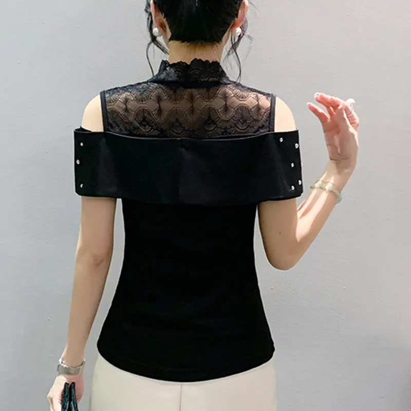 High Quality Lace Patchwork Cotton Summer T-Shirts Women's Fashion V-Collar Beading Tees Female Hollow Out Diamonds Tops