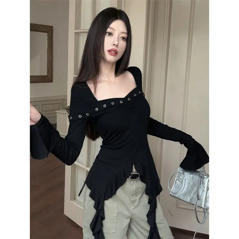 

Deeptown Elegant Vintage Women T-Shirts Sexy Fairycore Flare Sleeve Tops Y2k Coquette Fashion Ruffle T-Shirts Aesthetic Street