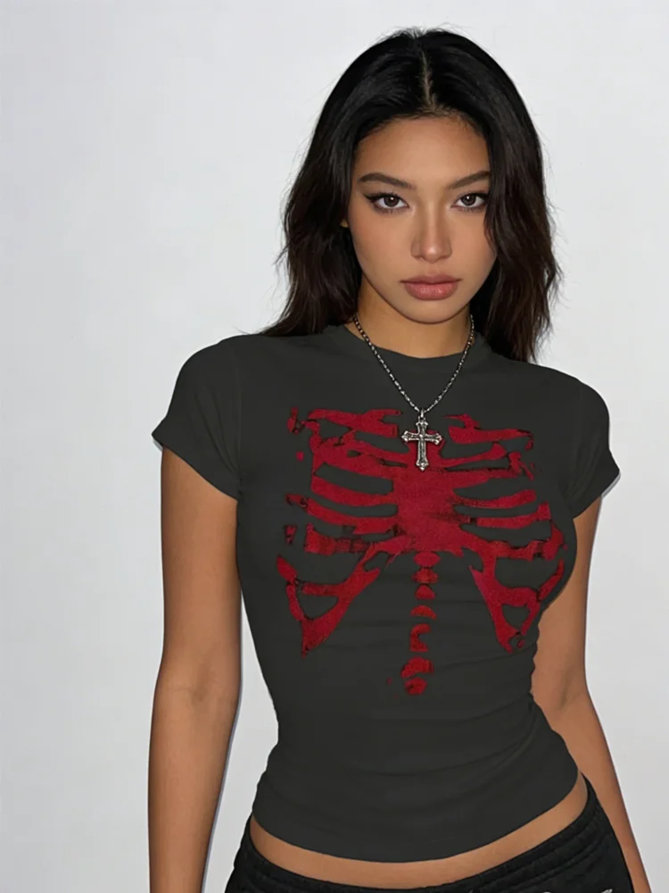 

Retro American Black and Red Skull Black Brother Short Sleeve Round Neck Women's T-shirt Summer Slimming Spicy Girl Top