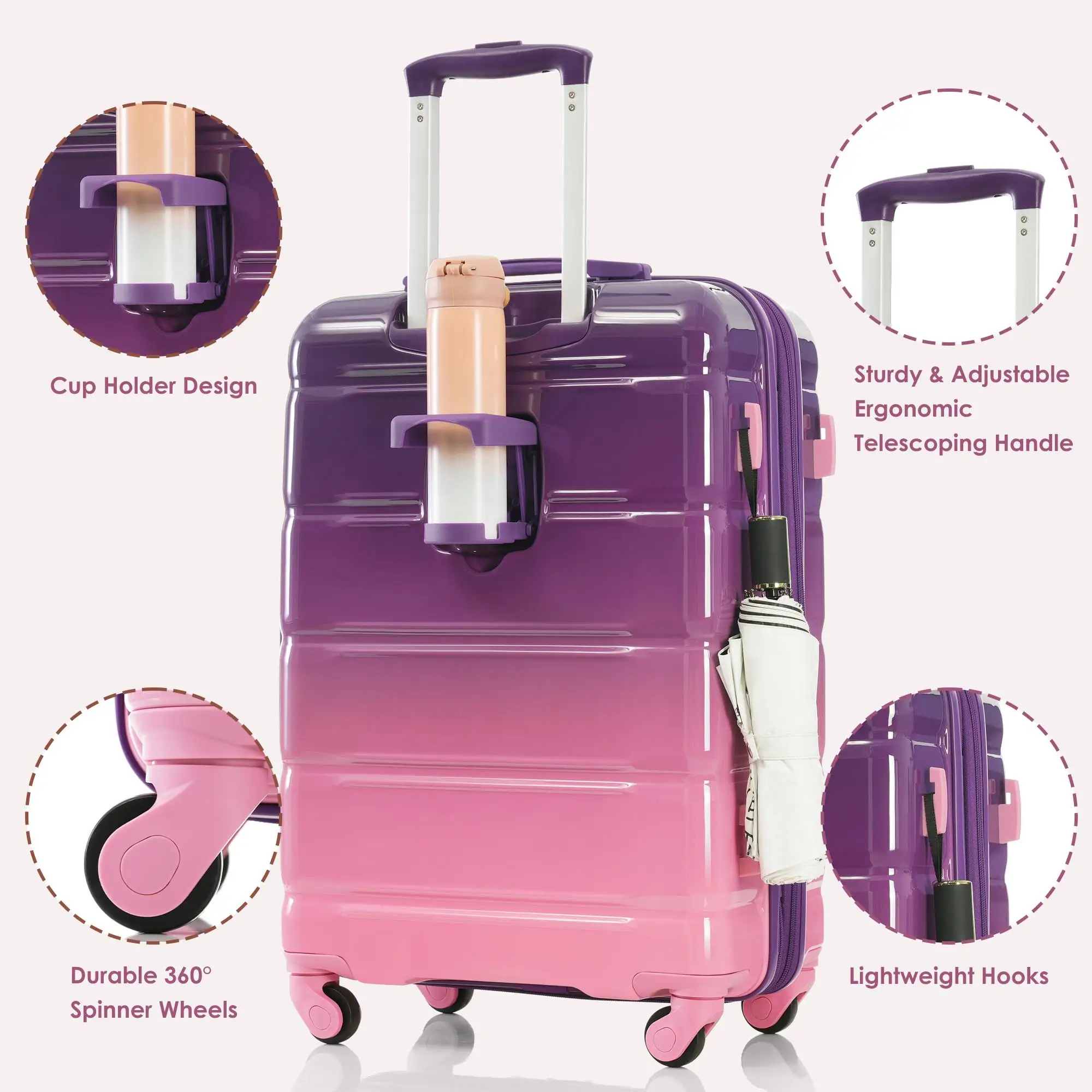 3-Piece Luggage Set - 20 Carry-On with USB Port, Cup Holder, ABS+PC Hard Shell, Spinner Wheels - &