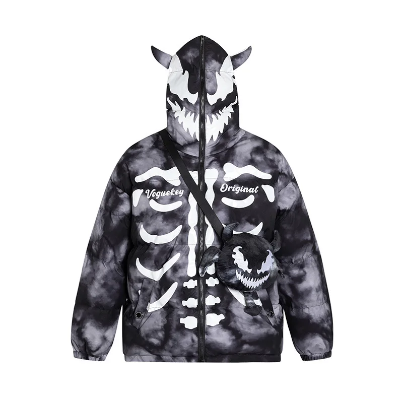 

Halloween Skeleton 3D Horned Men's Jacket+Bag, Punk Mans Winter Parka, Y2k Woman Thickened Coats