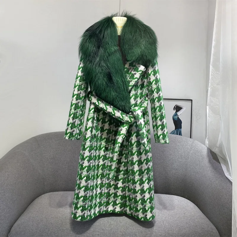 2023 Woolen fur, Autumn And Winter New Women's Houndstooth Fox Fur Collar Mid-length Coat Warm Thickness Tweed Wool Blend Overco