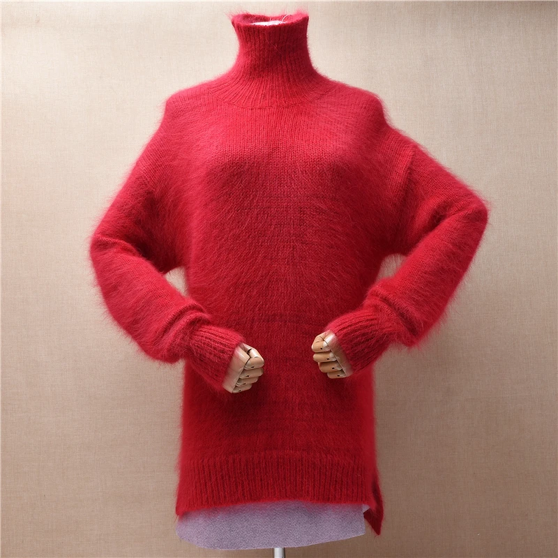 Feminino feminino outono inverno roupas vermelho peludo angora coelho cabelo de malha divisão gola alta solta pulôver jumper puxar vestido