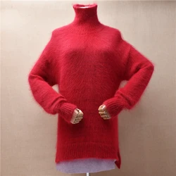 Female Women Fall Winter Clothing Red Hairy Angora Rabbit Hair Knitted Split Turtleneck Loose Pullover Jumper Sweater Pull Dress