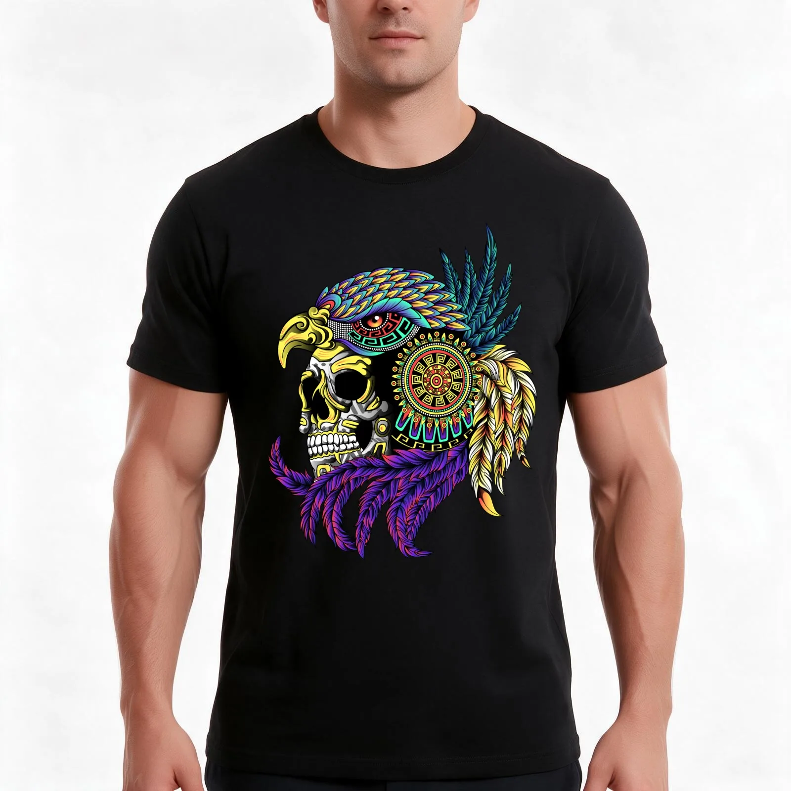 skull eagle warrior aztec T-Shirt, Summer Casual Cotton Tee, Oversized Streetwear Tops, Vintage Graphic Print, Unisex Men Women