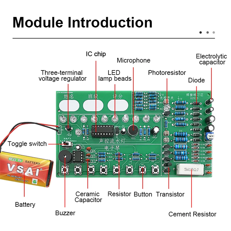 Circuit Four-in-One Practice Board Kit 9V Power Supply Multi-functional PCB Board Electronic Components Voice-Controlled Flowing