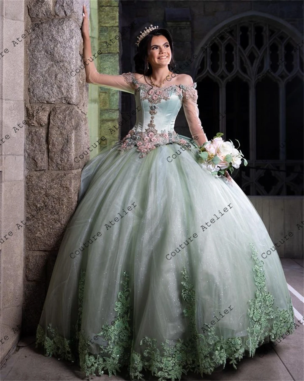 Sage Green fora do ombro vestido Quinceanera com arco, vestido de baile, vestido inchado, apliques de renda, design do 18 ° aniversário