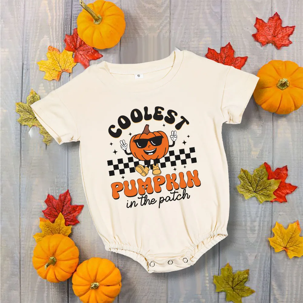 Coolest Pumpkin in The Patch Print Baby Bubbles Romper Autumn Party Infant Outfit Jumpsuit Newborn Large Bodysuit Retro Clothes