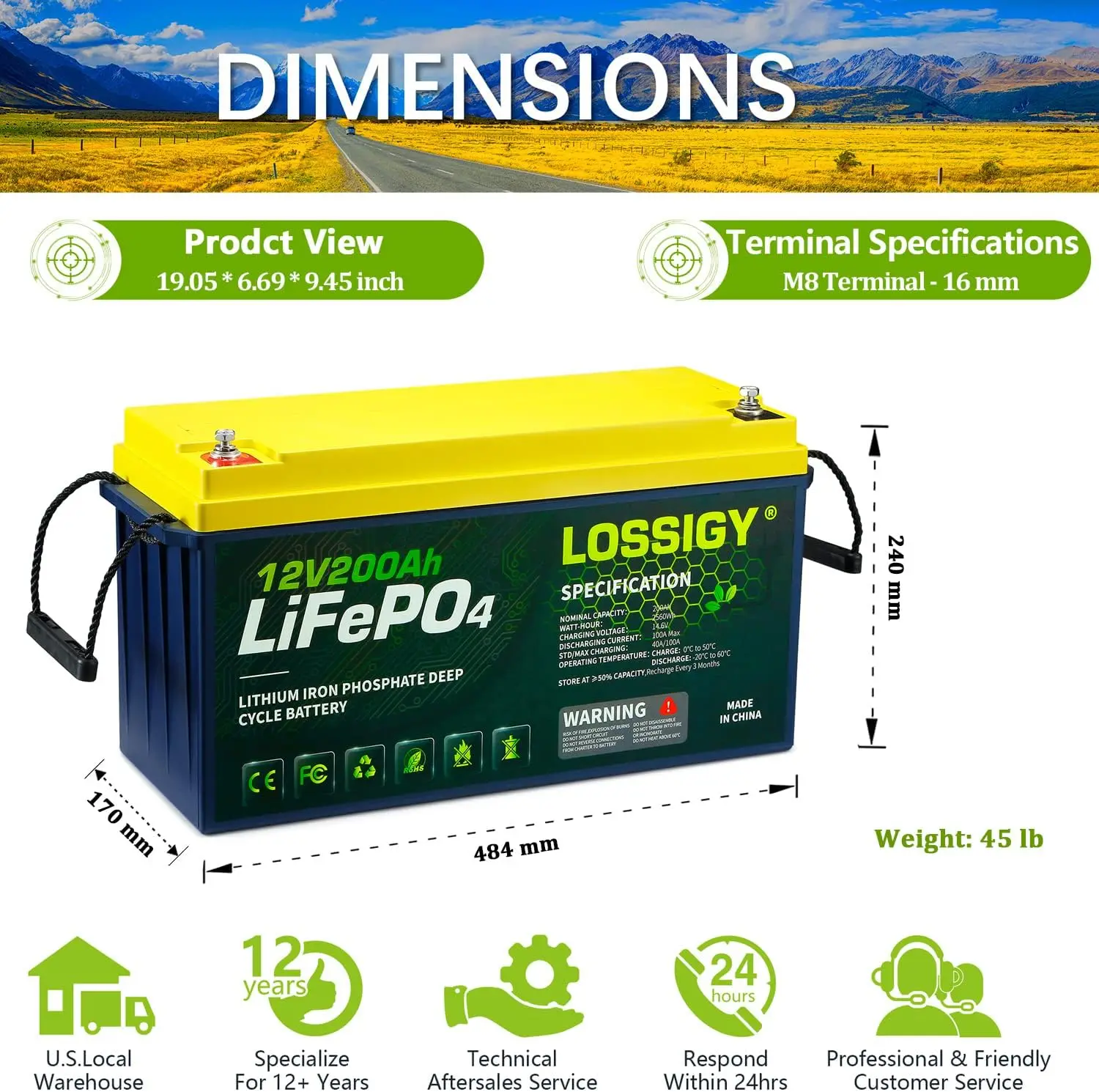 LOSSIGY 12V 200AH Lifepo4 Lithium Battery, 2560Wh with 100A BMS, 4000+ Deep Cycles 10 Yrs Lifespan, Prefect for Any Solar System