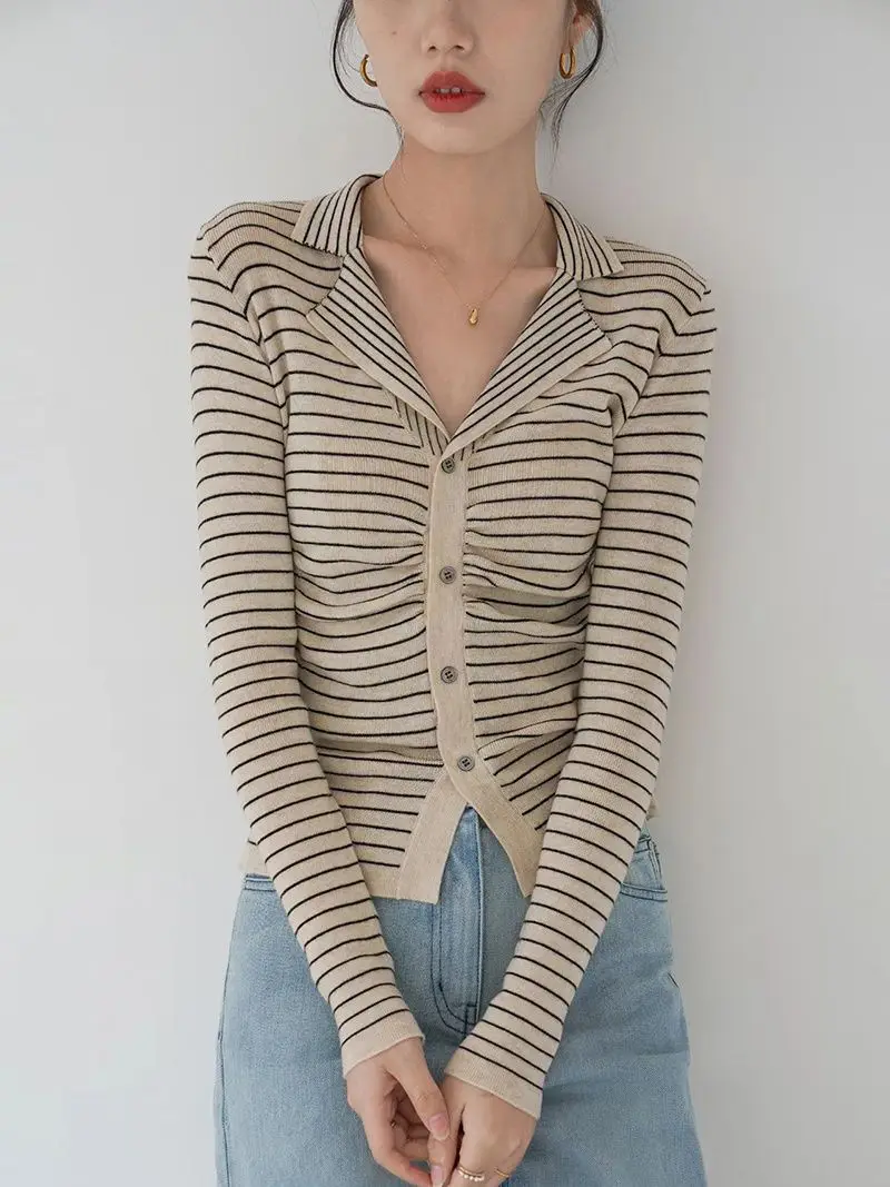 Vintage Striped Knitting Cardigan Female Autumn New Turn-down Collar Long Sleeve Slim Top Tee Women\'s Fashion All-match Sweater