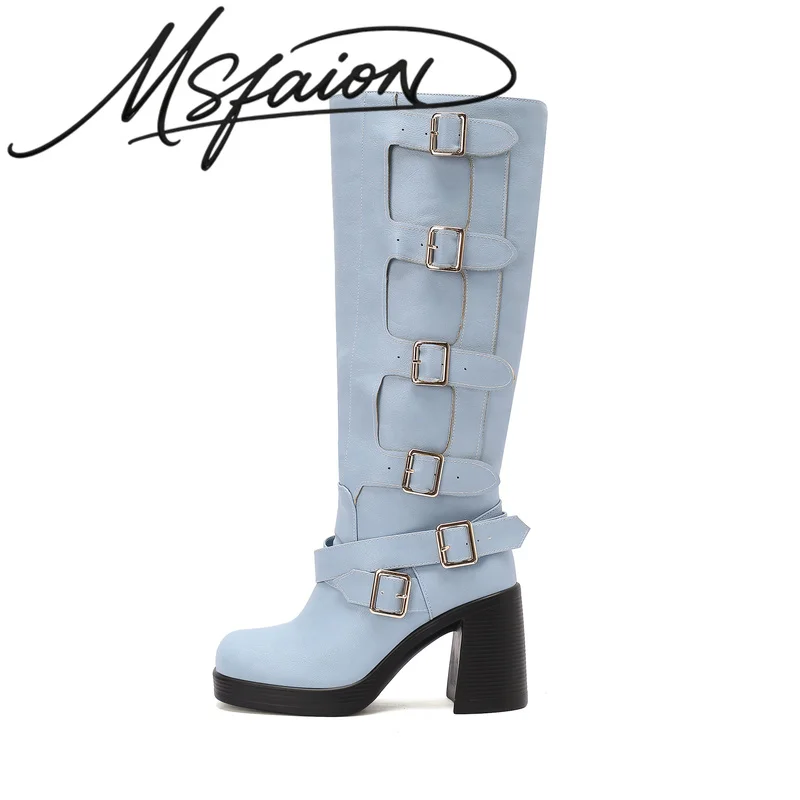 Y2K Women KneeHigh Boots Multi Metal Thick Platform Block Heel Wide Calf Fleece Lined Retro Motorcycle Long BootsG702