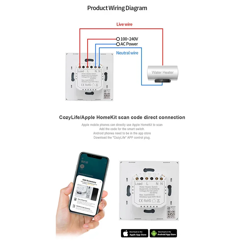 AUBESS Tuya Smart Boiler Switch Water Heater Homekit Wifi ZigBee 40A APP Alexa Google Home Voice Control Timer Home Automation