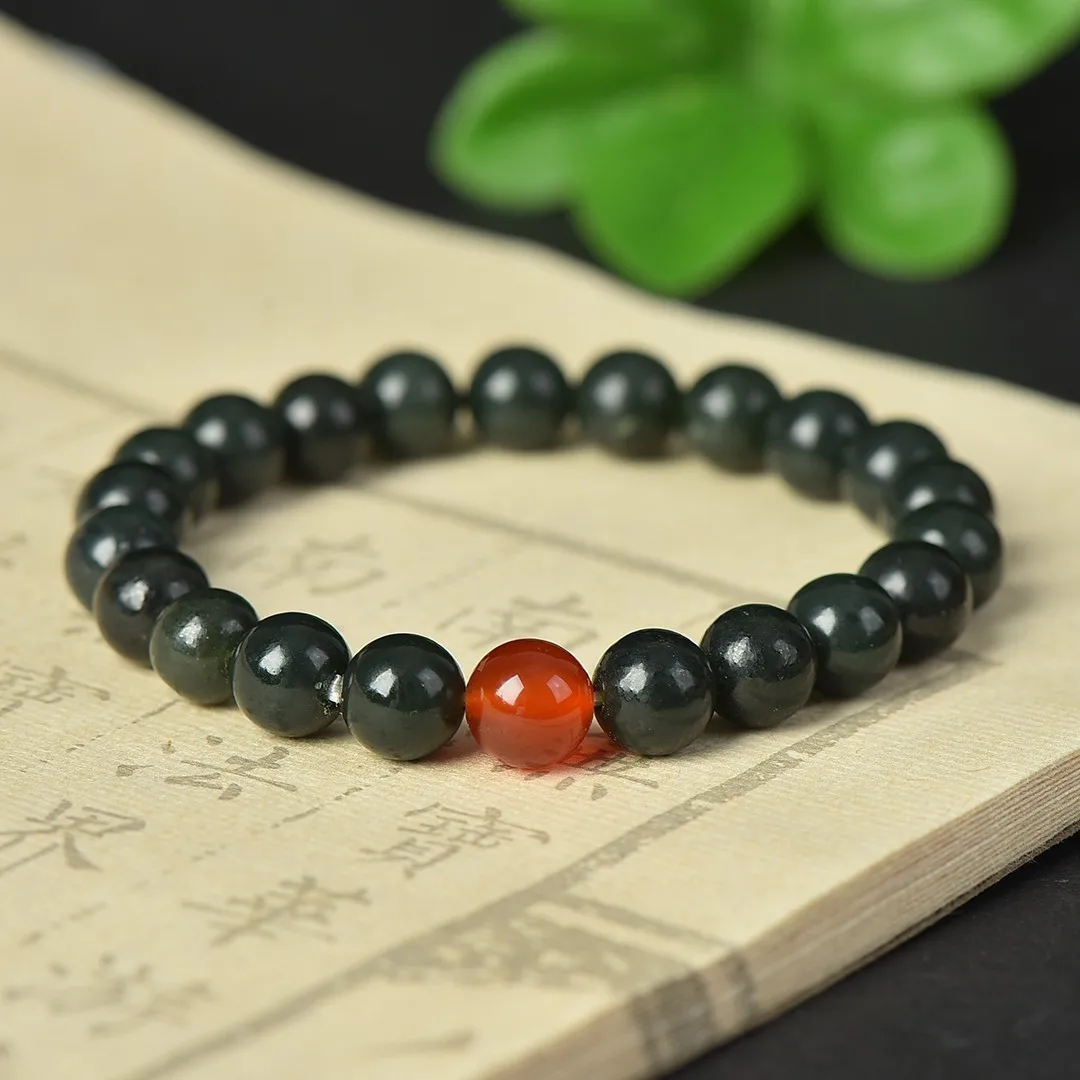 8mm Natural Green Jade Bracelet Women Healing Gemstone Fine Jewelry Genuine Chinese Hetian Jades Red Agate Nephrite Bracelets