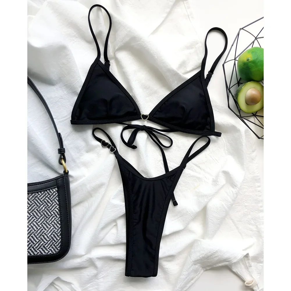 

Women's Sexy Love Ring Triangle Bikini Sets Swimsuit Tie Up Solid Beach Swimwear Ladies Breathable Lingerie Set Underwear