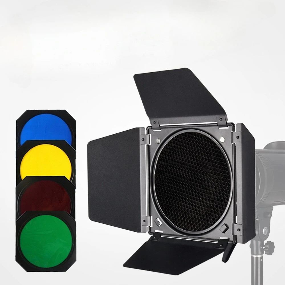 Photography Light Barn Door Kit with Honeycomb Grid 4pcs Color Gel Filters for Bowens Mount Photography Studio Flash Accessory