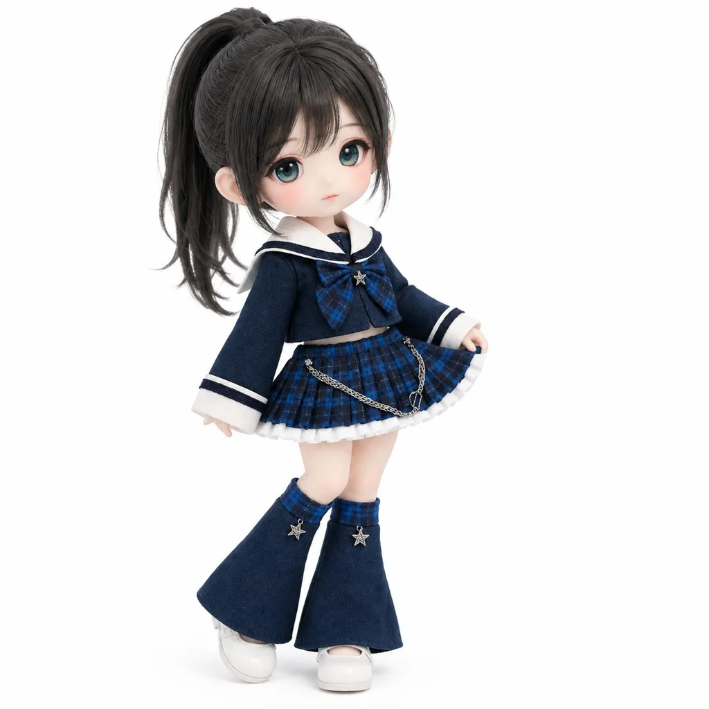 Doll Clothes for OB11 and 1/12 BJD Dolls Sailor Collar Top Chain Plaid Skirt Flared Leg Warmers 3 Piece Uniform Set
