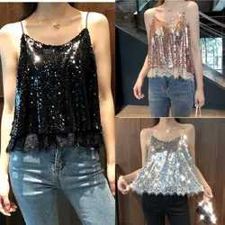 Sexy Glittering Knitted Tank Tops Women Camisole Vest Gold Thread Top Vest Sequined Stretchable Slim Tops
