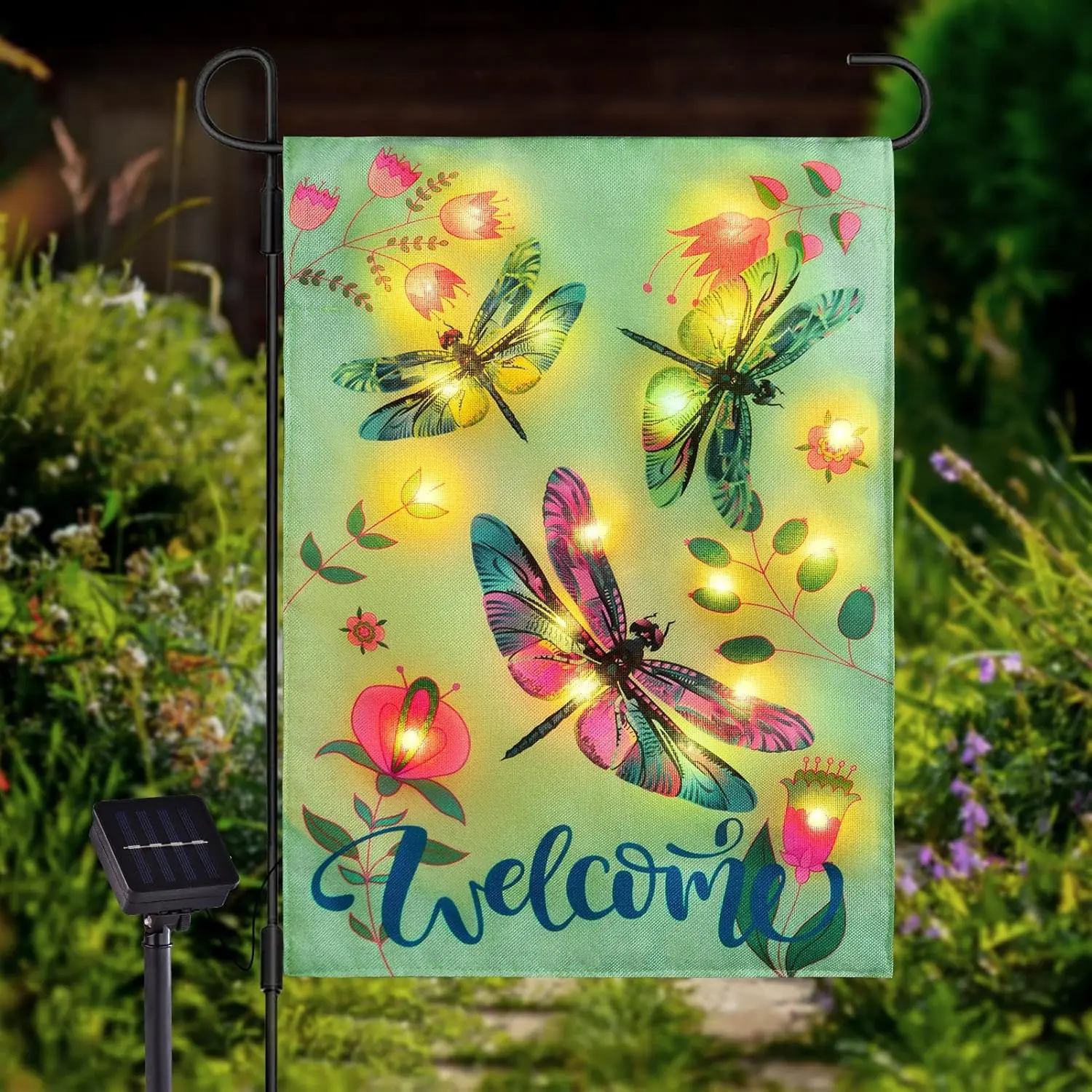 Spring Garden Flag 12×18 Double Sided, 8 Modes Lighted Dragonfly Flag, Welcome Spring Garden Flag for Outside, LED Small Flag fo