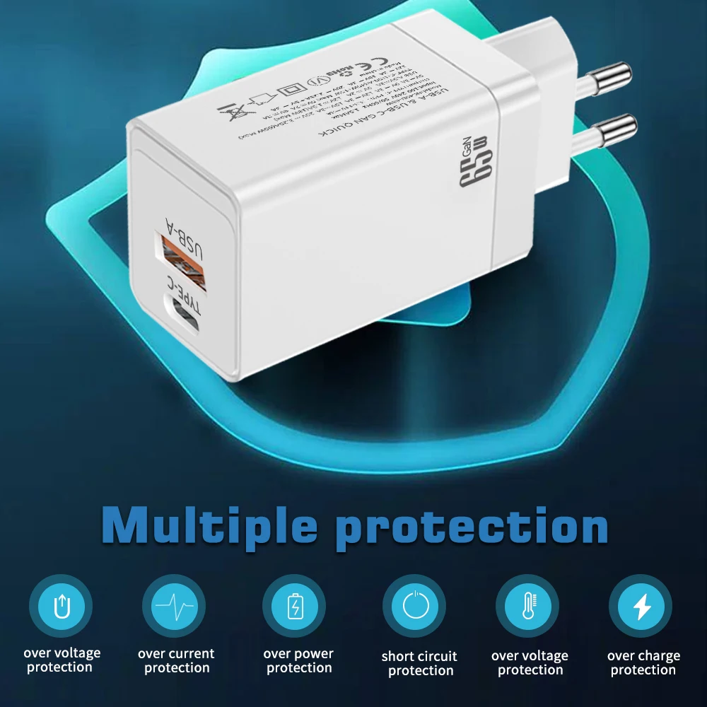 65W GaN USB C Charger Quick Charge 3.0 Phone Charger Type C Fast USB Charger For iPhone 15 14 13 12 Pro Samsung Xiaomi 13 Huawei