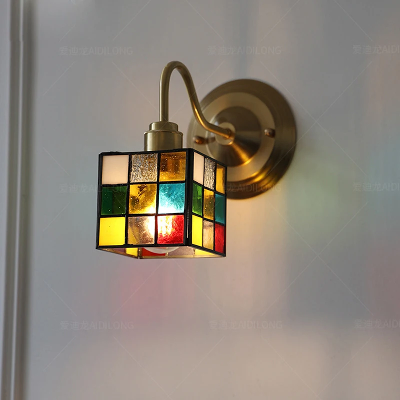 

Retro Brass Colored Bedroom Wall Light Colorful Little Rubik's Cube Led Lighting Fixture Bedside Staircase Tulip Glass Wall Lamp